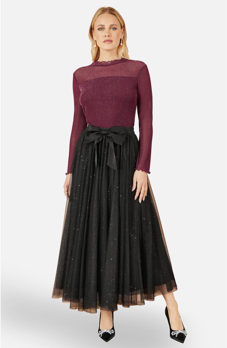 Yumi Sparkle Mesh Tulle Skirt With Satin Bow, Alternate, color, Black