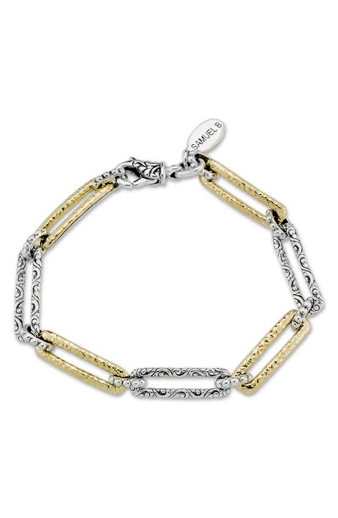 18k Gold & Sterling Silver Hammered Paperclip Bracelet