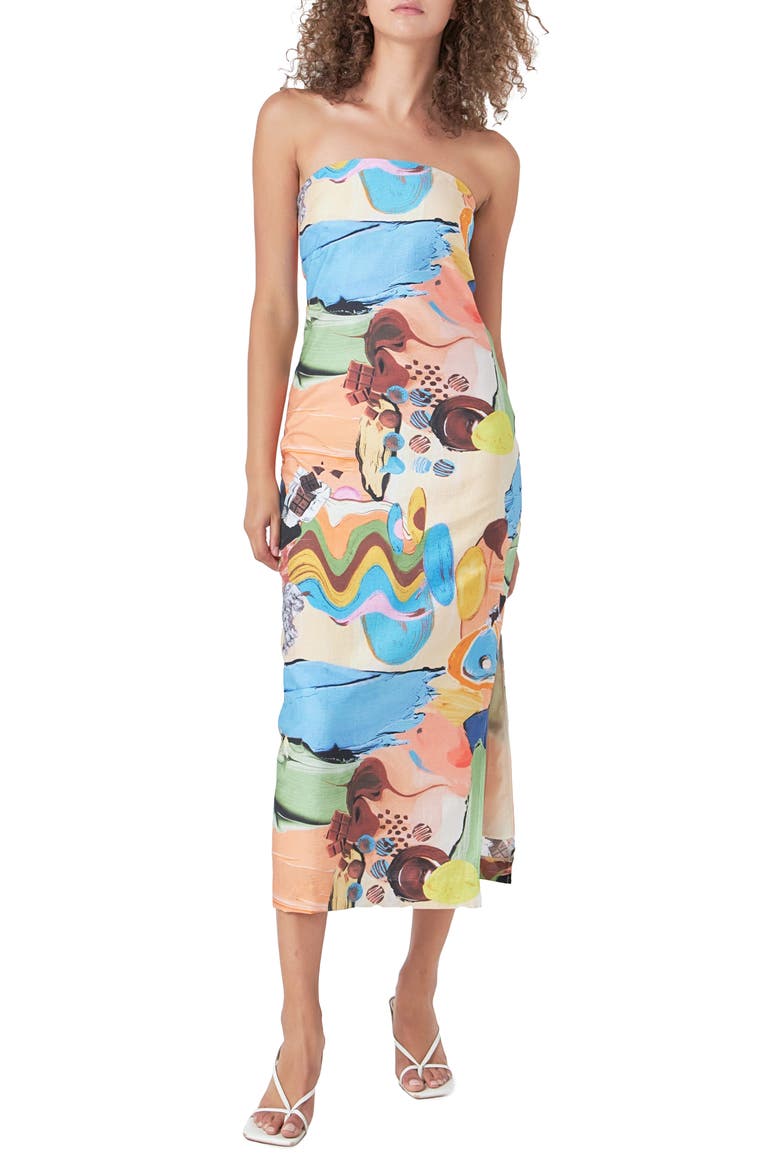 Abstract Print Strapless Dress, Alternate, color, BEIGE MULTI
