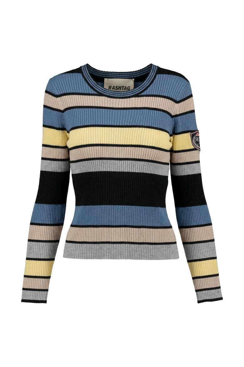 Multi Stripe Embroidered Sleeve Lightweight Knit Sweater, Main, color, Black Multi