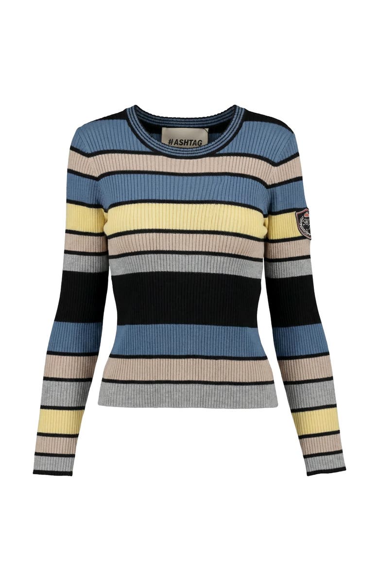 Hashtag Multi Stripe Embroidered Sleeve Lightweight Knit Sweater, Main, color, Black Multi