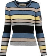 Hashtag Multi Stripe Embroidered Sleeve Lightweight Knit Sweater