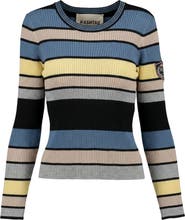 Hashtag Multi Stripe Embroidered Sleeve Lightweight Knit Sweater
