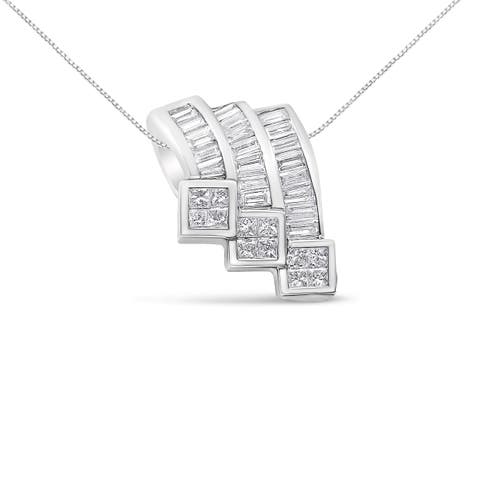 14K White Gold 1 1/2 Cttw Invisible Set Princess and Channel Set Baguette-cut Diamond Triple Curve Pendant Necklace (G-H Color, SI1-SI2 Clarity) - NO CHAIN INCLUDED
