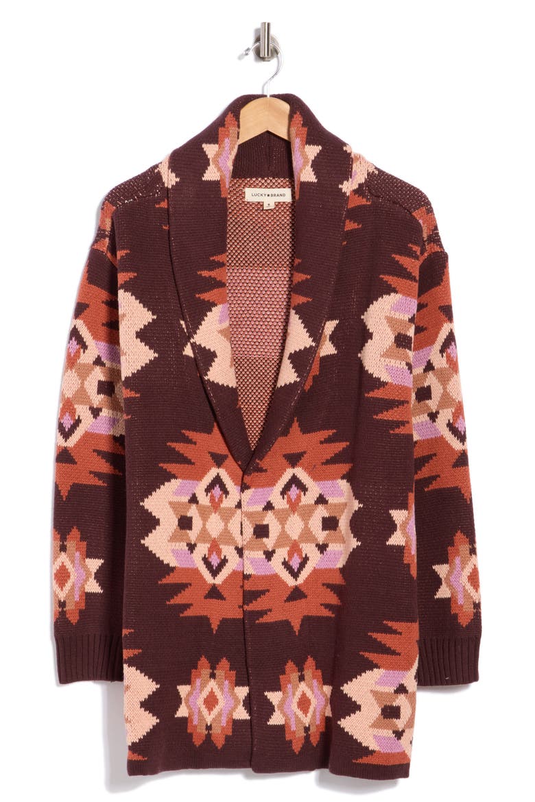 Novelty Pattern Shawl Collar Open Front Cardigan, Alternate, color, FUDGE COMBO
