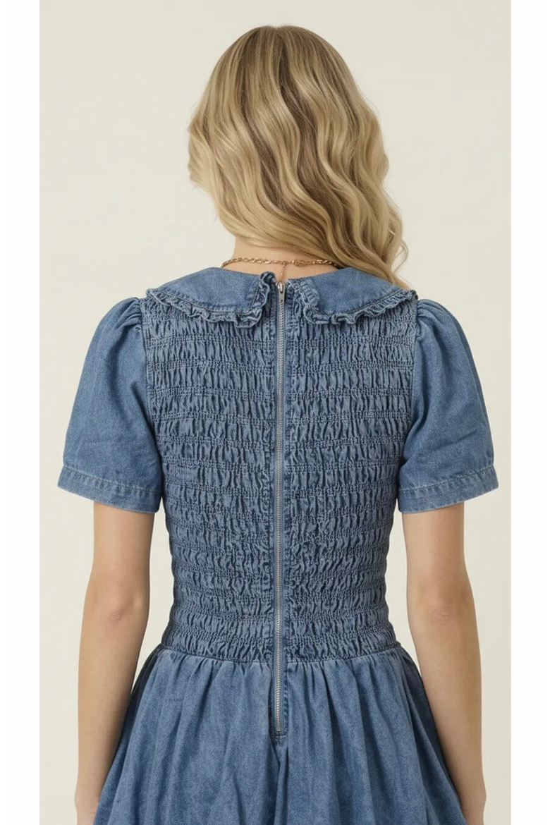 Smocked Ruffle Collar Mini Dress, Alternate, color, Medium Wash Blue