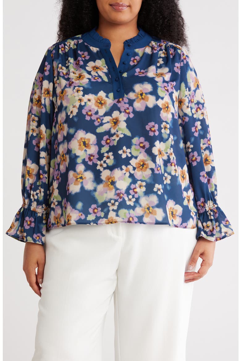 Ruffle Long Sleeve Top, Main, color, INDIGO/ GINGER
