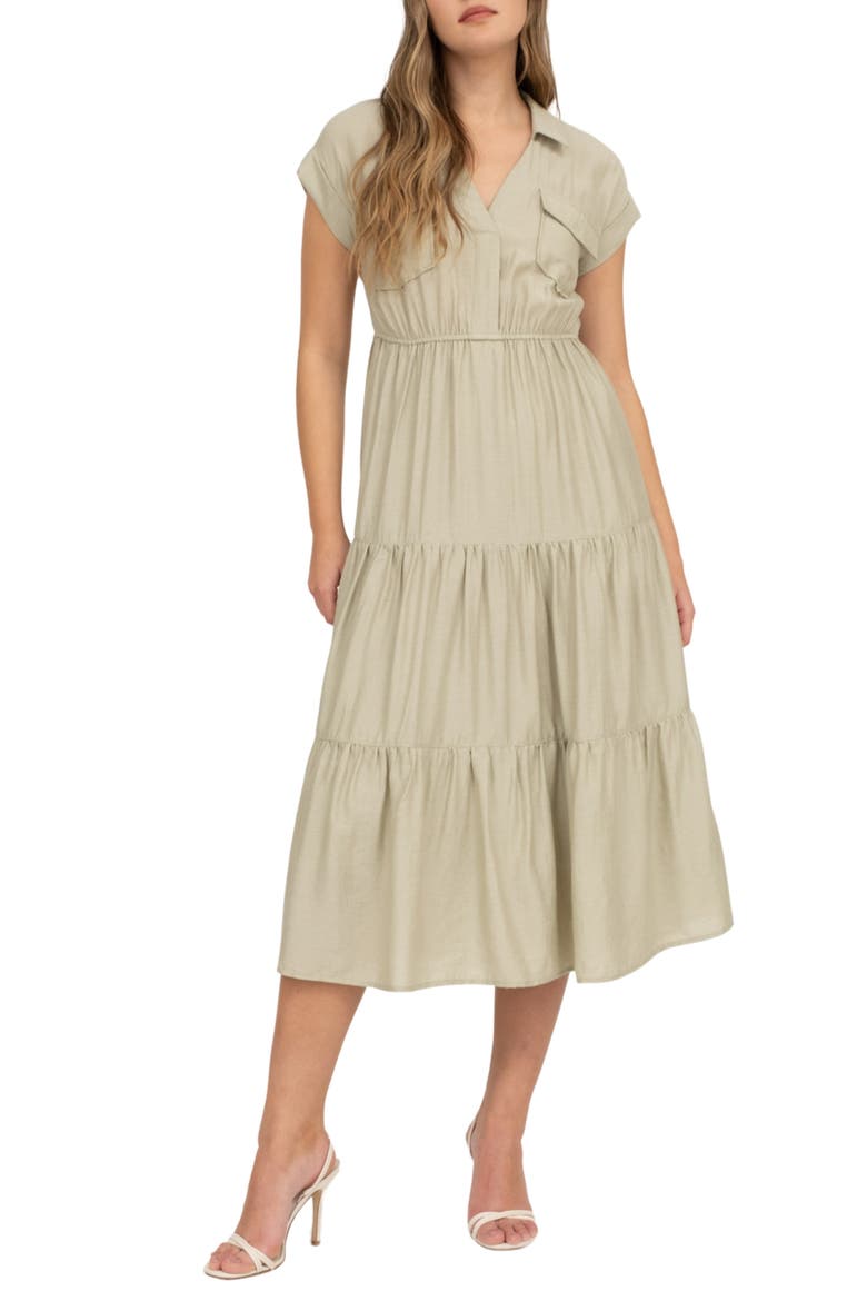 Short Sleeve Tiered Shirtdress, Main, color, LIGHT OLIVE