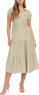 AUGUST SKY Short Sleeve Tiered Shirtdress