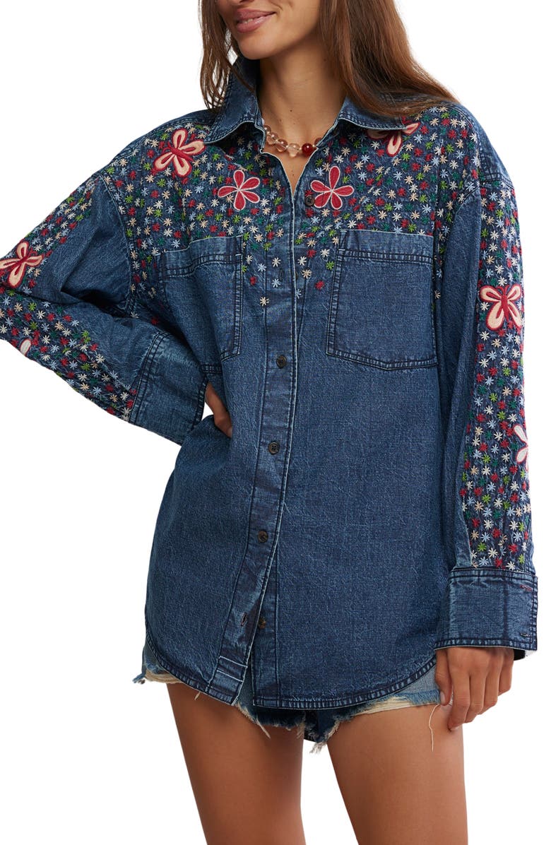Free People Rainbow Embroidered Denim Shirt, Main, color, Rinse Wash