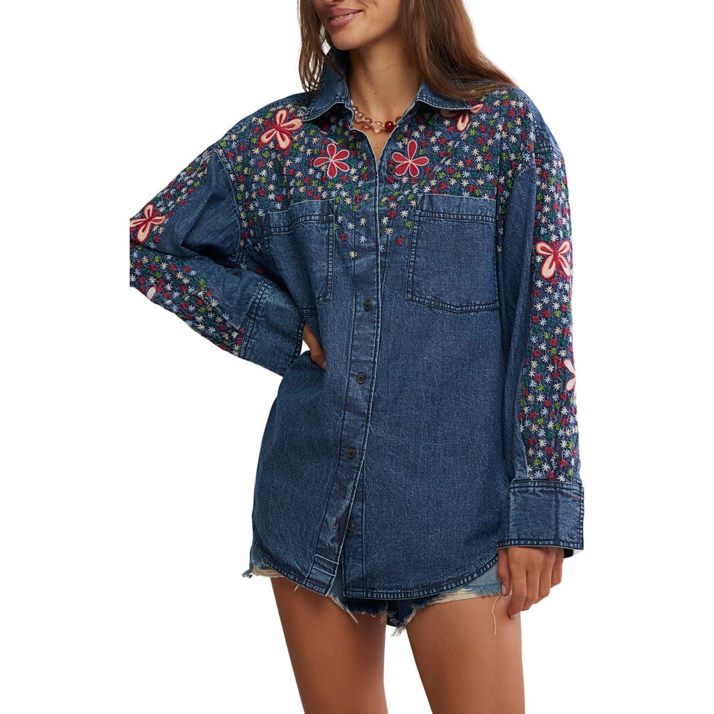 Free People Rainbow Embroidered Denim Shirt In Blue