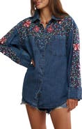 Free People Rainbow Embroidered Denim Shirt
