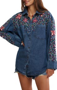 Free People Rainbow Embroidered Denim Shirt