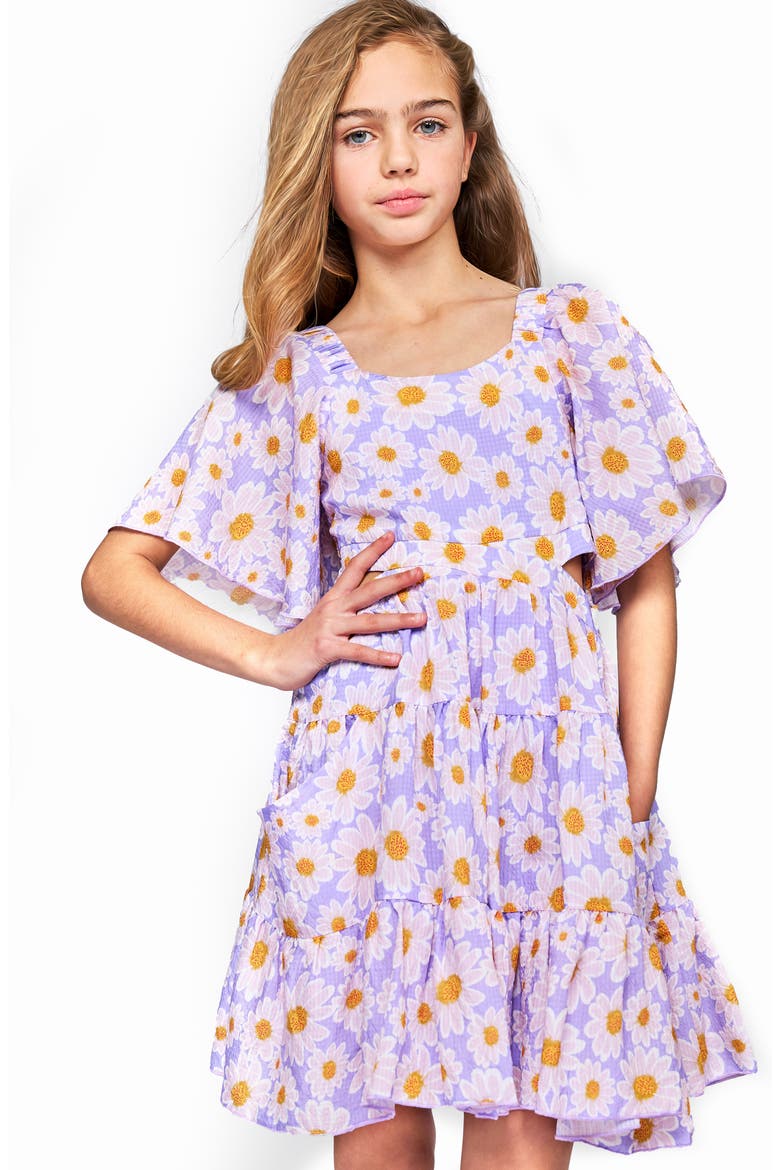 Kids' Floral Side Cutout Flutter Sleeve Dress, Alternate, color, LAVENDER MULTI