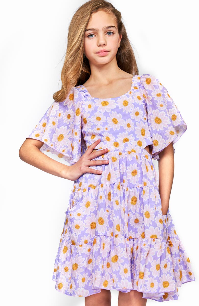 Hannah Banana Kids' Floral Side Cutout Flutter Sleeve Dress, Alternate, color, Lavender Multi