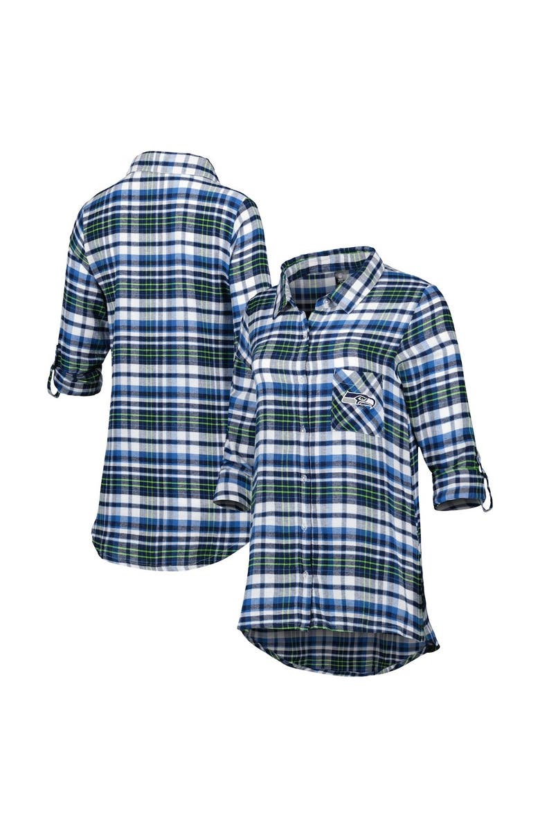 CONCEPTS SPORT Women's Concepts Sport College Navy Seattle Seahawks Mainstay Plaid Full-Button Long Sleeve Nightshirt, Main, color, Navy