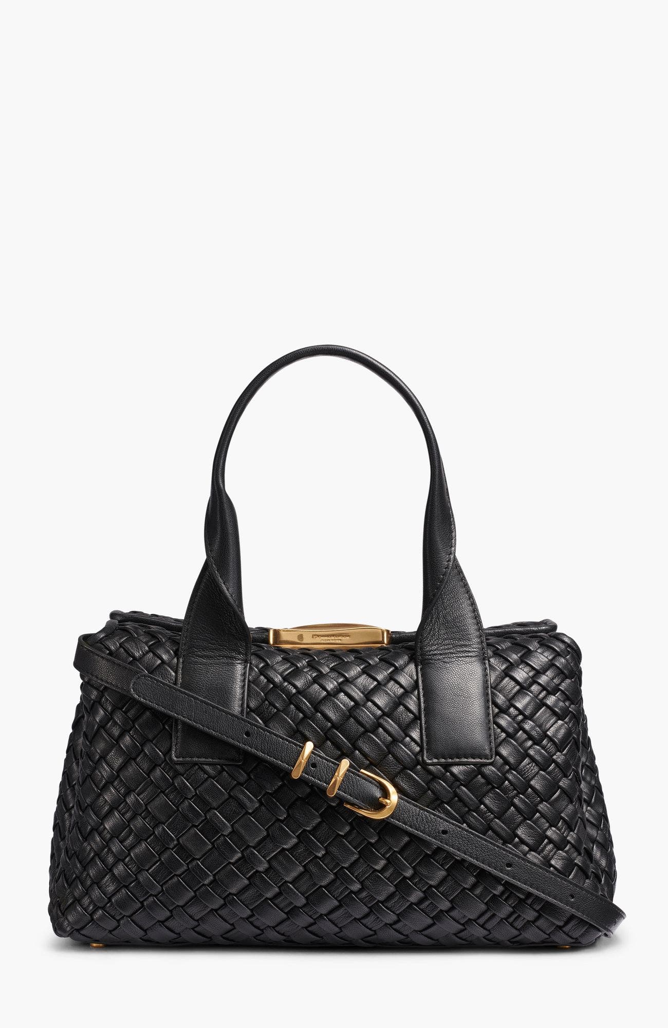 Amagansett Woven Leather Satchel, Main, color, Blk/Gold