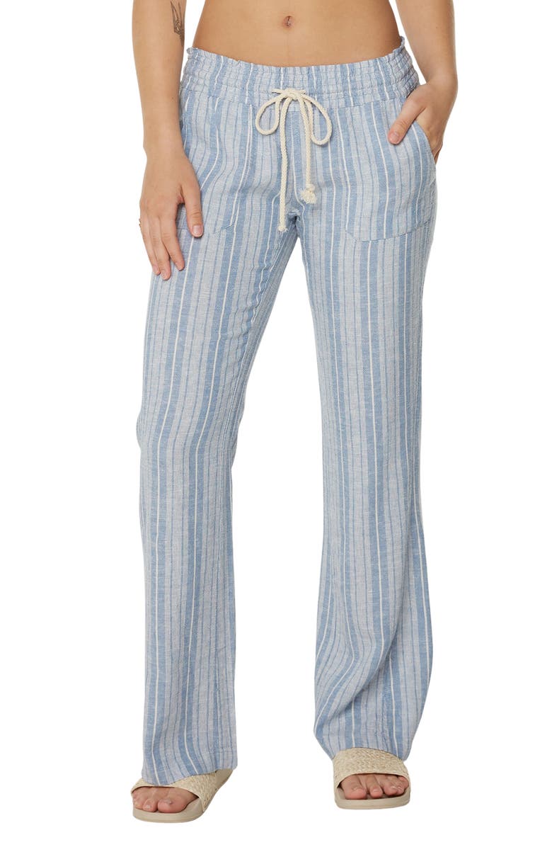 Roxy Oceanside Stripe Linen BLend Pants, Main, color, Riviera Solid