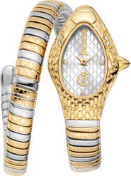 Just Cavalli Snake Two-Tone Wraparound Bracelet Watch, 20mm x 34.5mm