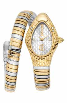 Just Cavalli Snake Two-Tone Wraparound Bracelet Watch, 20mm x 34.5mm
