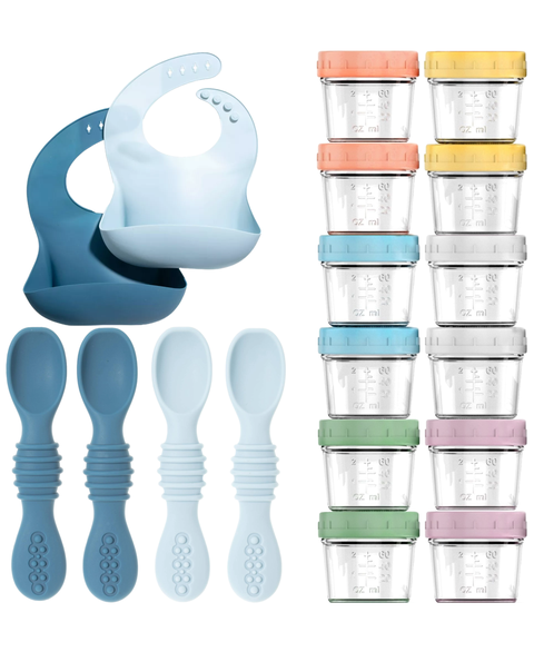 Glass Baby Food Storage Jars, Silicone Baby Spoons and Bibs Set