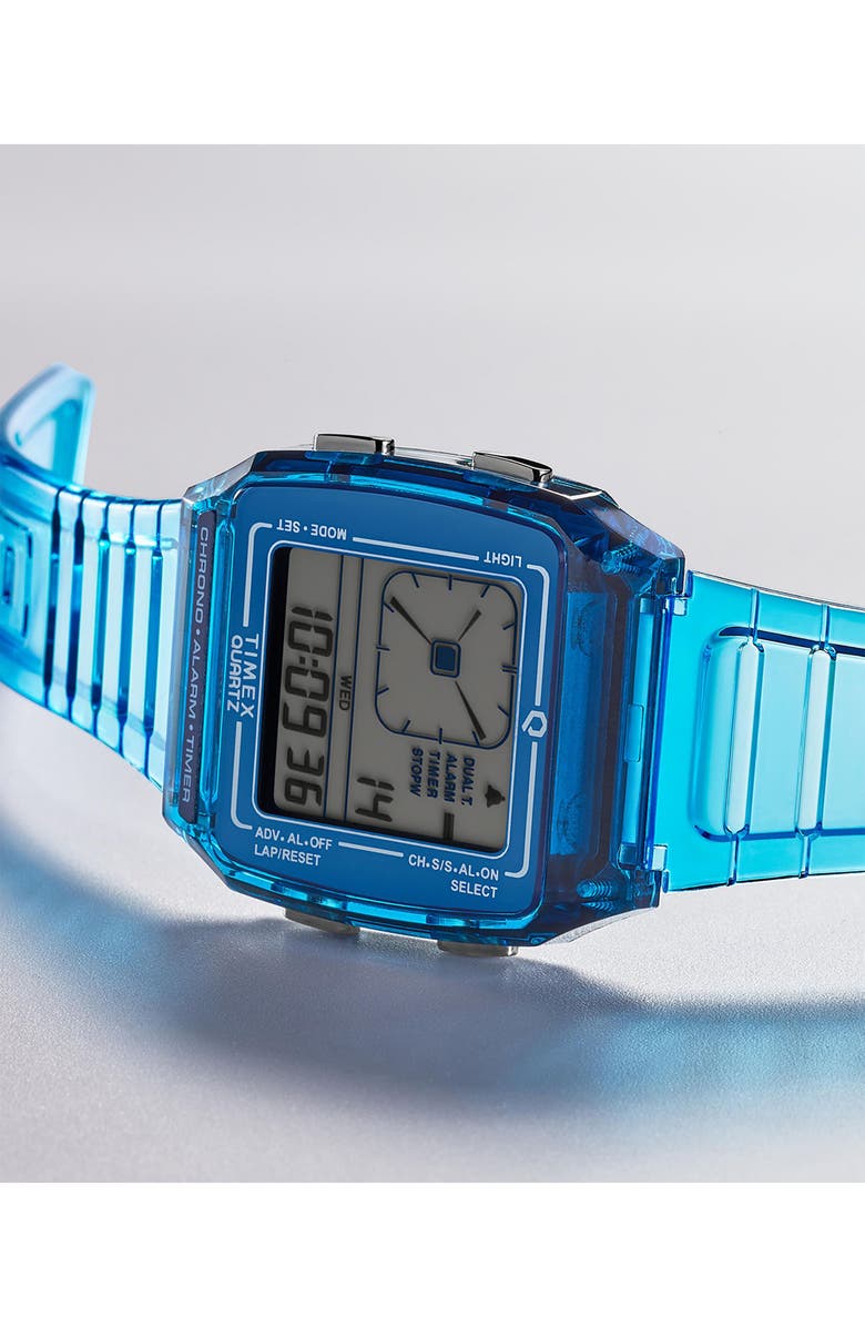 Timex<sup>®</sup> Q Timex Digital LCA Chronograph Resin Strap Watch, 35mm, Alternate, color, Blue