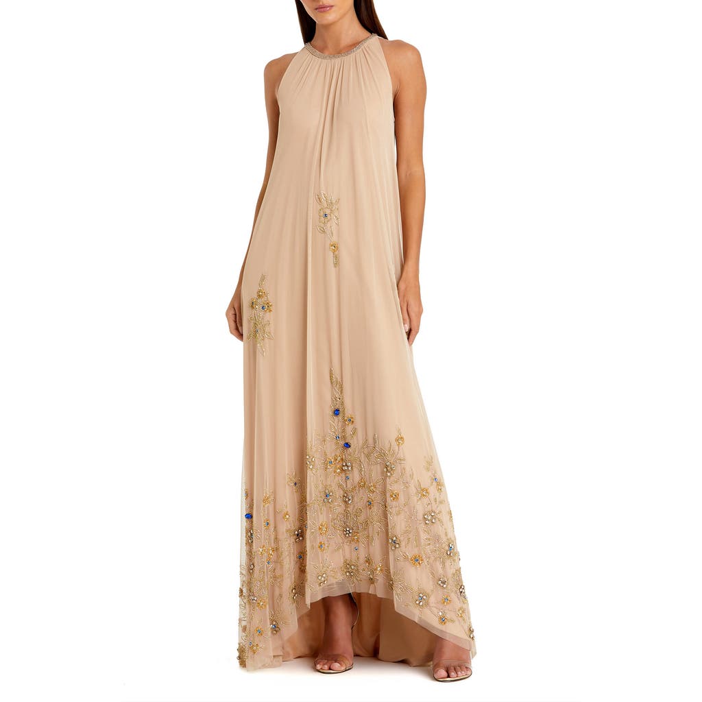 Mac Duggal High Neck Floral Embellished Trapeze Gown In Neutral