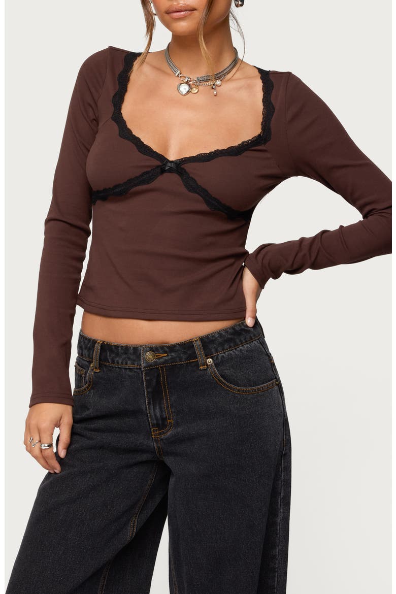 Porta Contrast Lace Crop Top, Main, color, BROWN