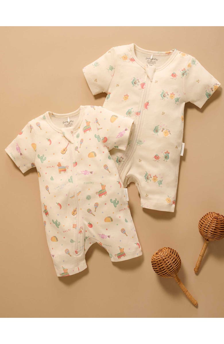 Purebaby 2 Pack Short Sleeve Zip Romper Pinata, Alternate, color, Pinata Print