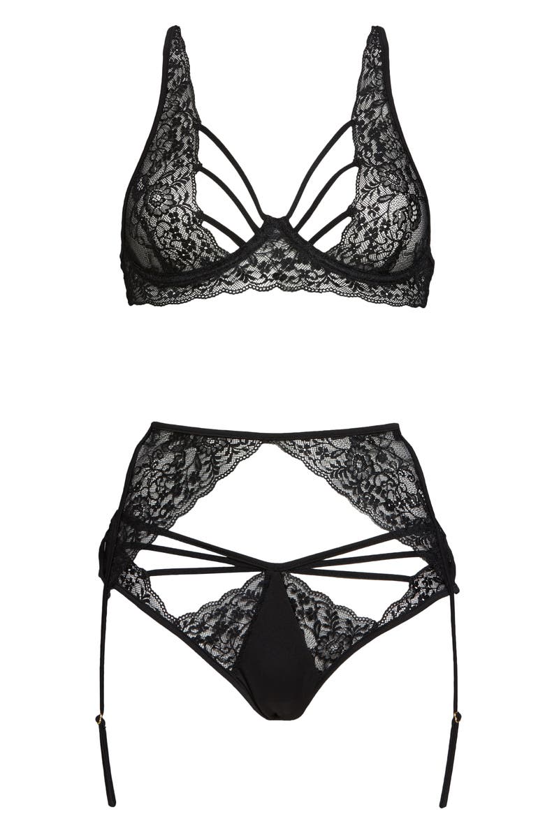 Mapale Lace Underwire Bra, Thong and Garter Belt, Alternate, color, 