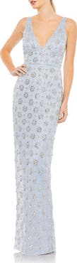 Mac Duggal Hand Embellished Sleeveless V Neck Column Gown