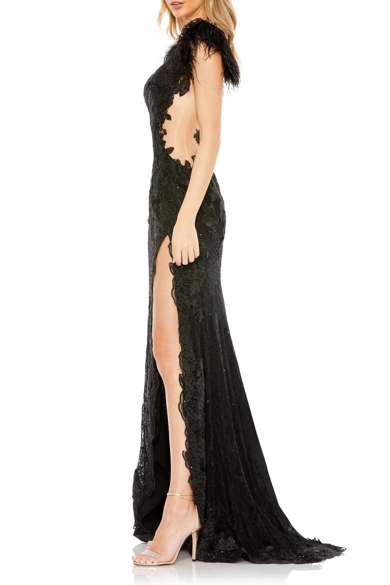 Feather Cap Sleeve Lace Gown, Alternate, color, BLACK