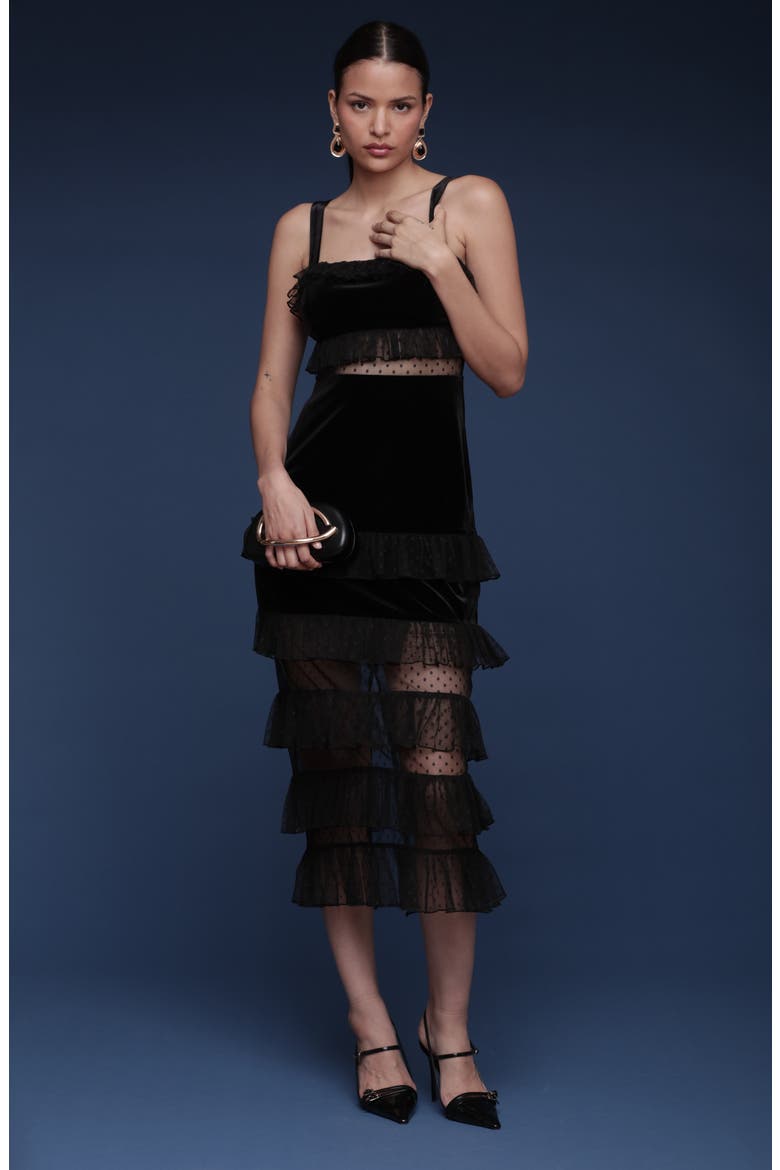 Tiered Ruffle Velvet Maxi Dress, Alternate, color, BLACK