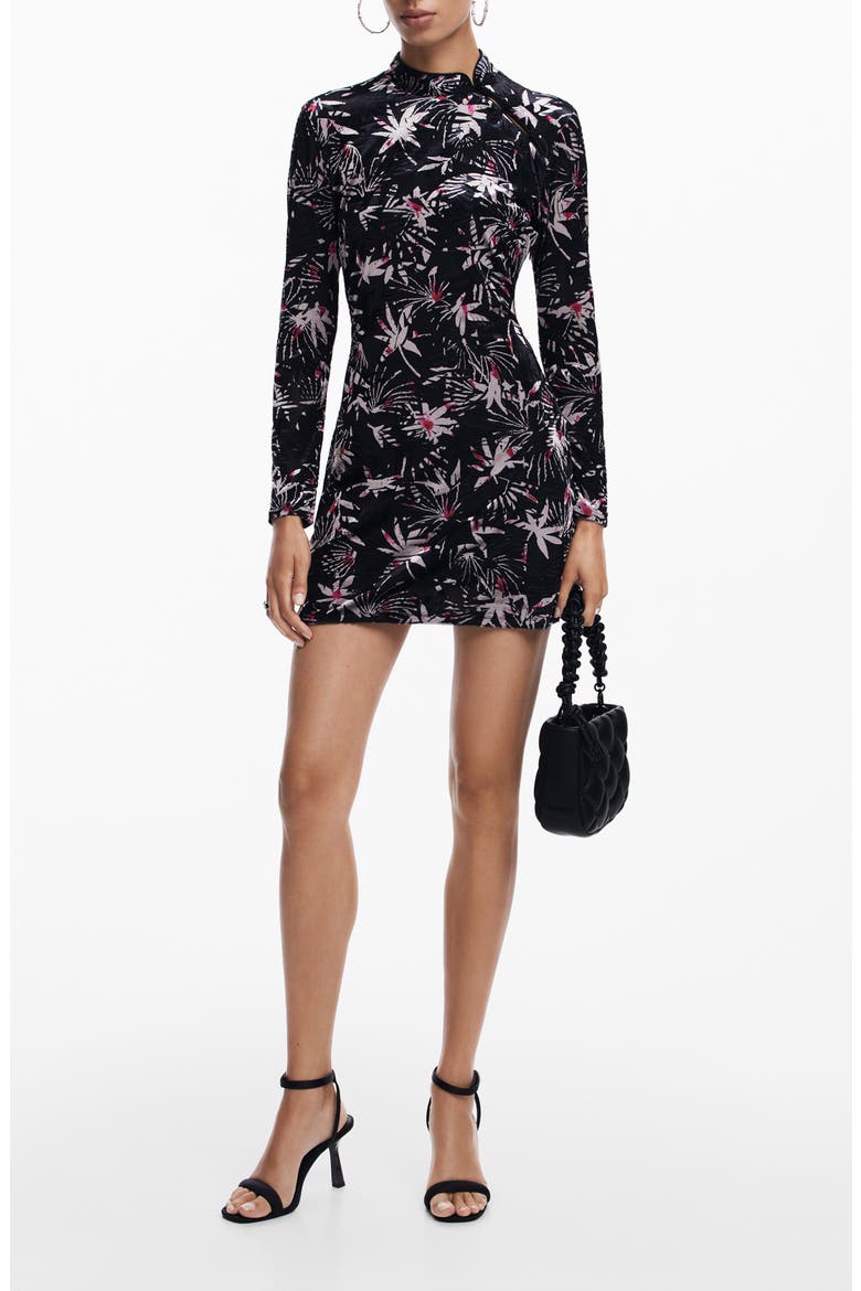 Print Long Sleeve Minidress, Main, color, BLACK