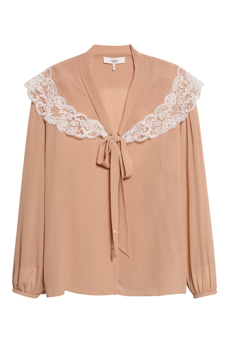 Iconic Lace Trim Silk Georgette Shirt, Main, color, BISCUIT PINK
