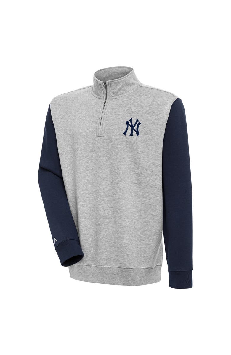 ANTIGUA Men's Antigua Heather Gray/Navy New York Yankees Victory Colorblock Quarter-Zip Pullover Top, Main, color,