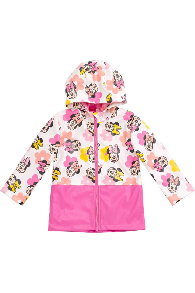 Minnie Mouse Hooded Zip-Up Rain Jacket, Main, color, Minnie Floral White