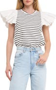 English Factory Mixed Media Stripe Ruffle Sleeve Top