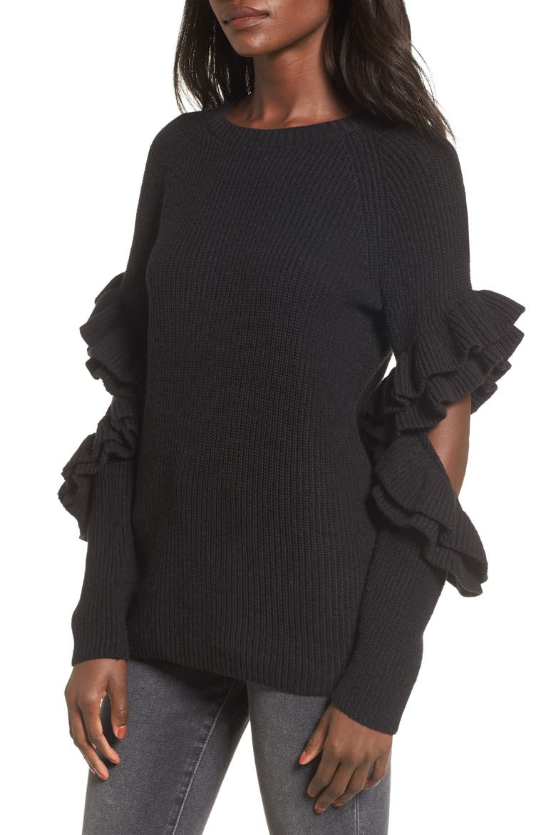 Elbow Cutout Ruffle Sweater, Main, color, BLACK