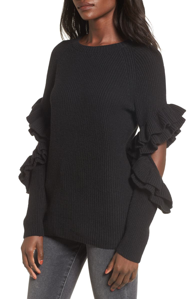 BP. Elbow Cutout Ruffle Sweater, Main, color,