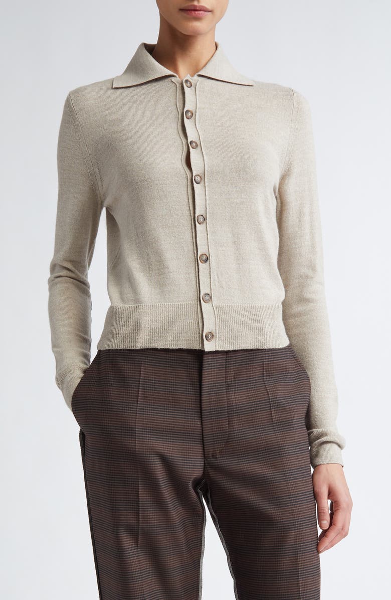 MM6 Maison Margiela Virgin Wool Blend Cardigan with Leather Elbow Patches, Main, color, Beige Melange