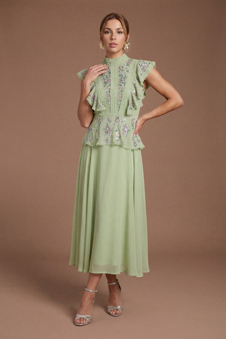 Petite Embellished Frill Midi Dress, Alternate, color, Sage