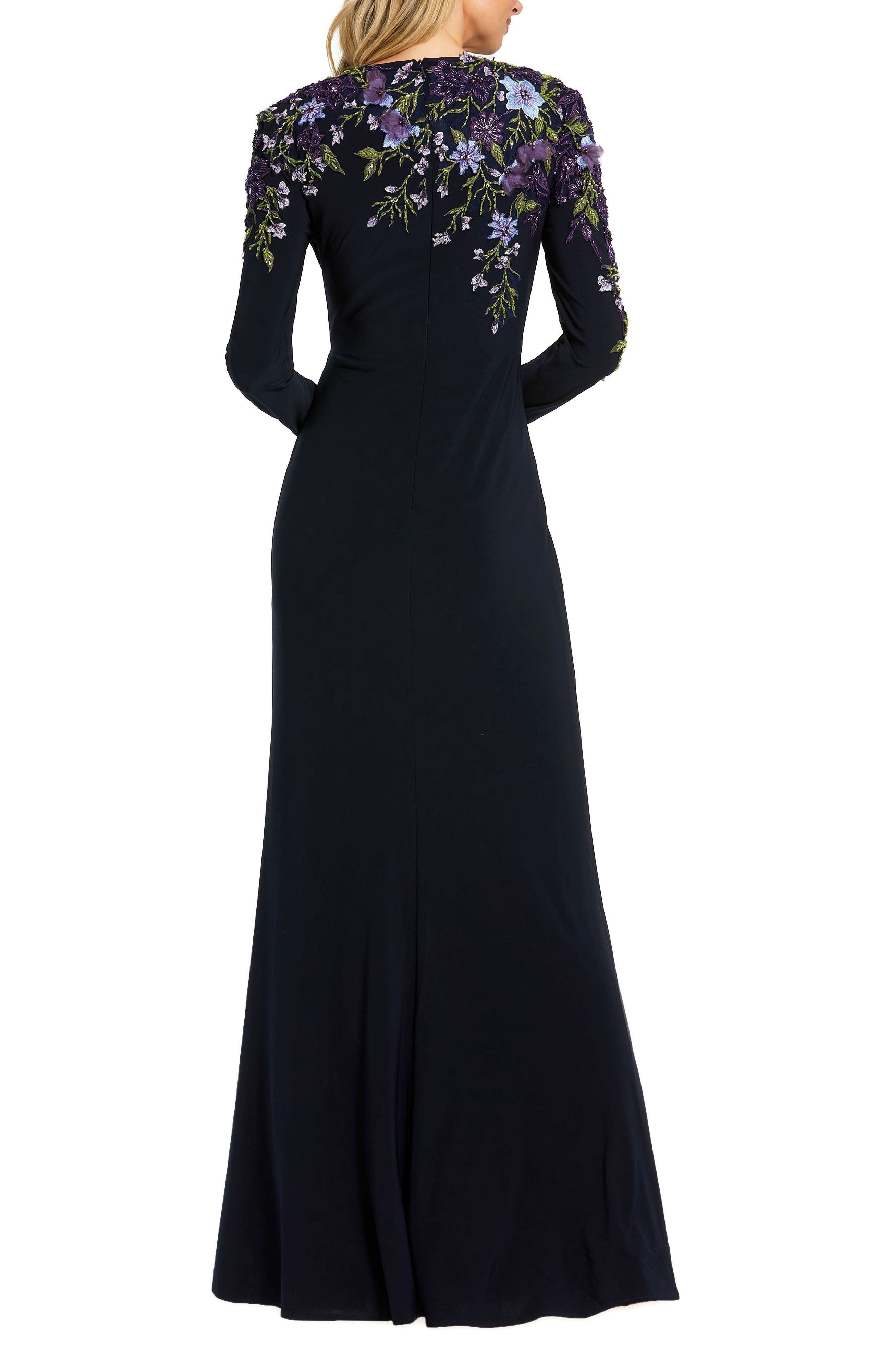 Embellished Long Sleeve Fitted Jersey Gown - image 2