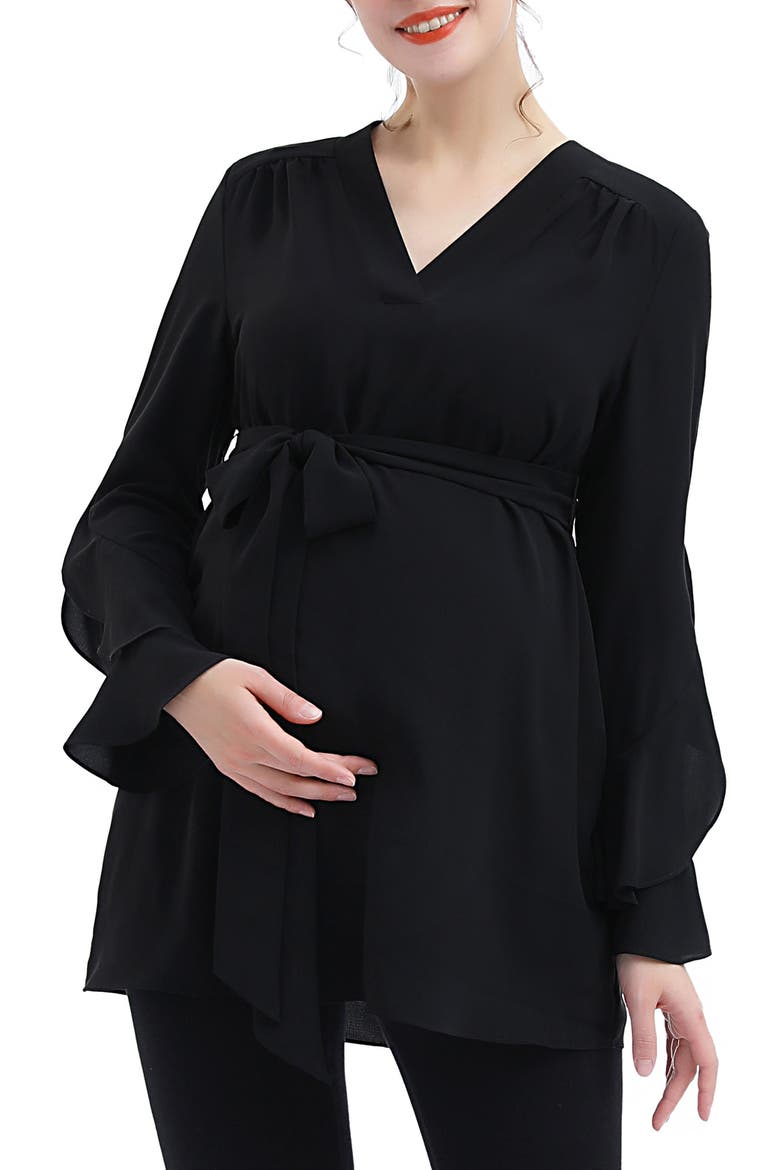 Kay Long Sleeve Belted Maternity Blouse, Main, color, BLACK