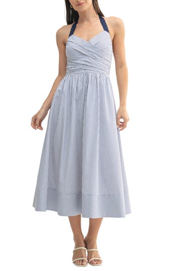 Mila Mae Stripe Fit & Flare Halter Midi Dress In Blue