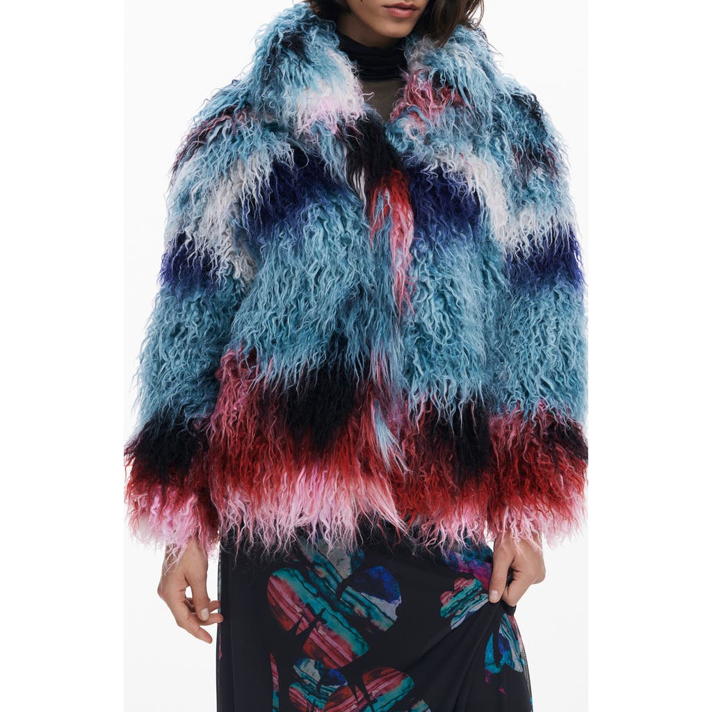Desigual Faux Fur Jacket In Blue