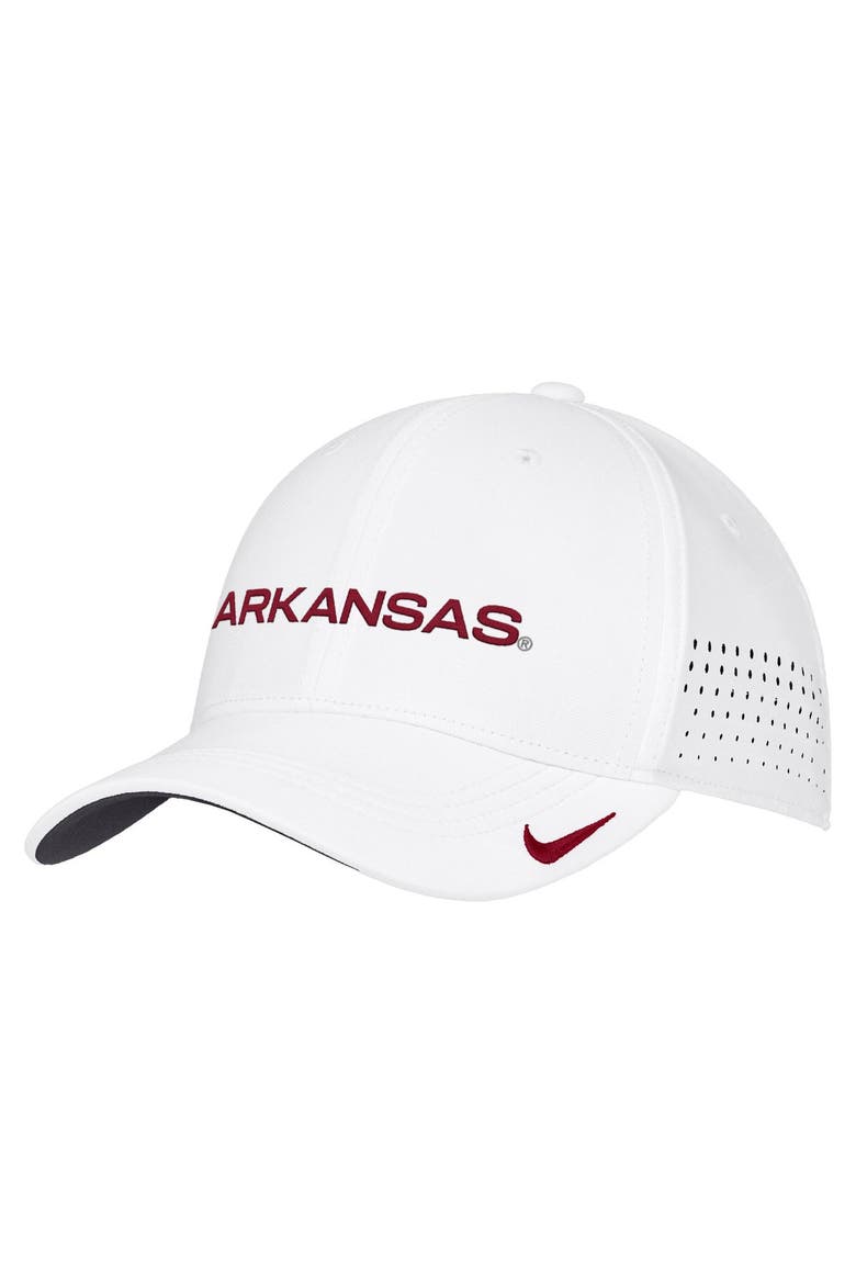 Men's Nike White Arkansas Razorbacks 2026 On-Field AeroBill SwooshFlex Dri-FIT Hat, Main, color, White
