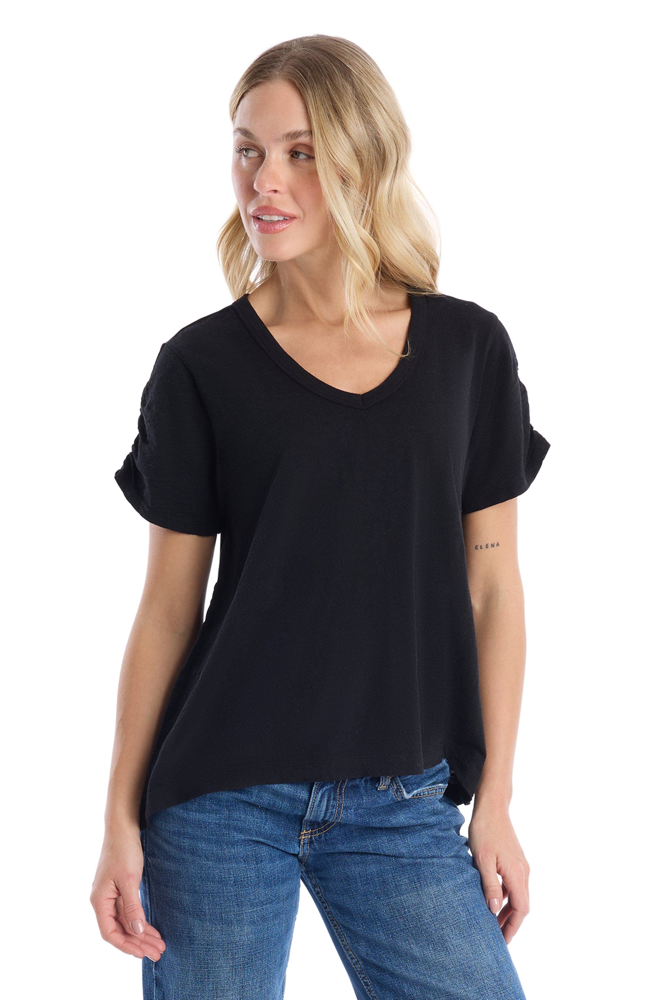 Deep V-Neck Ruched Sleeve Tee - image 2