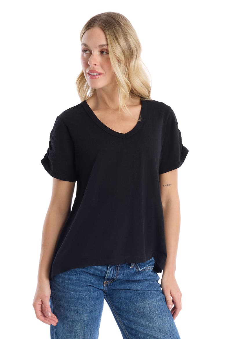 Deep V-Neck Ruched Sleeve Tee, Alternate, color, Black