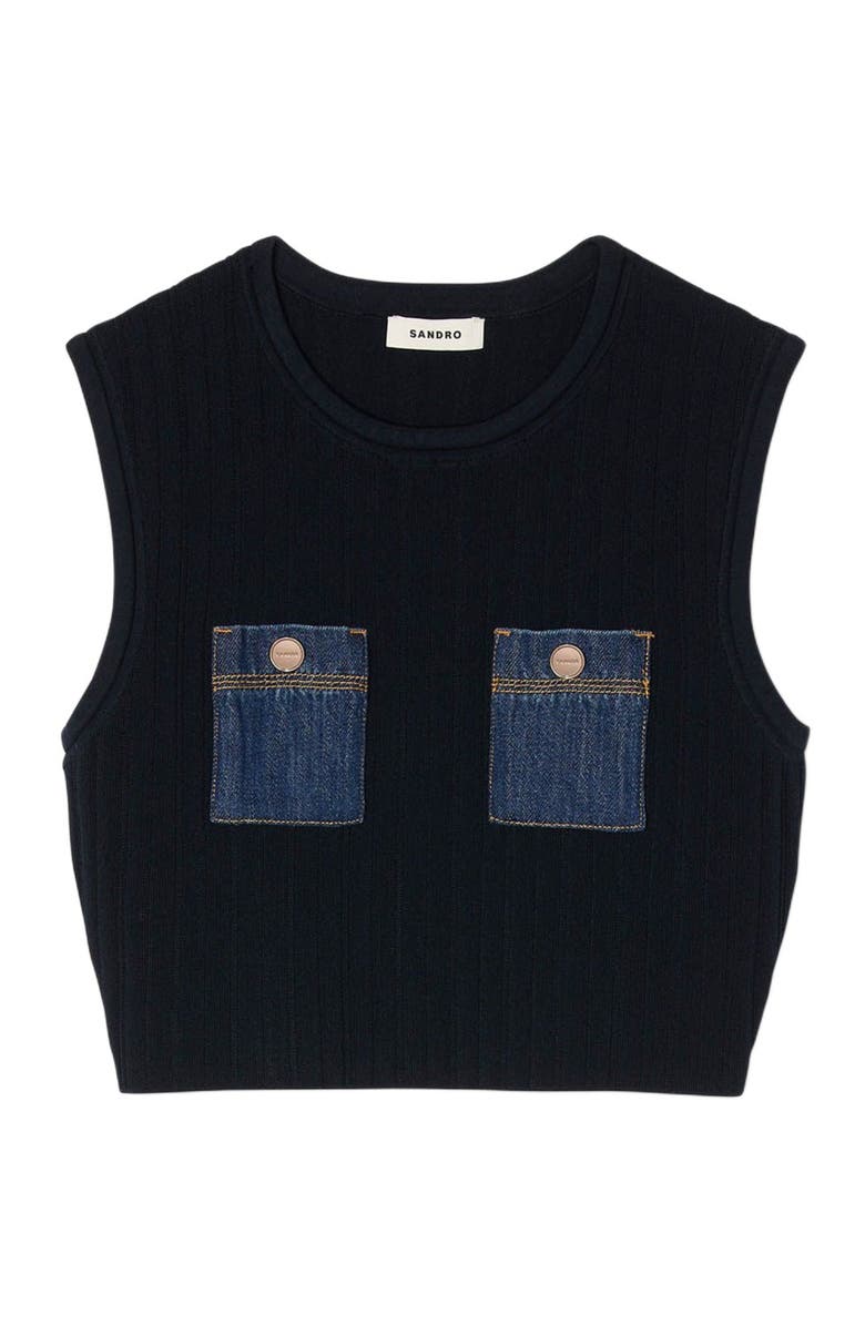 SANDRO Knit and denim top, Alternate, color, Navy Blue